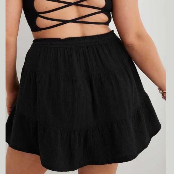 Aerie NWT Pool to Party Tiered Mini Skirt Black Size XL Cotton Gauzy Drawstring - Picture 2 of 8